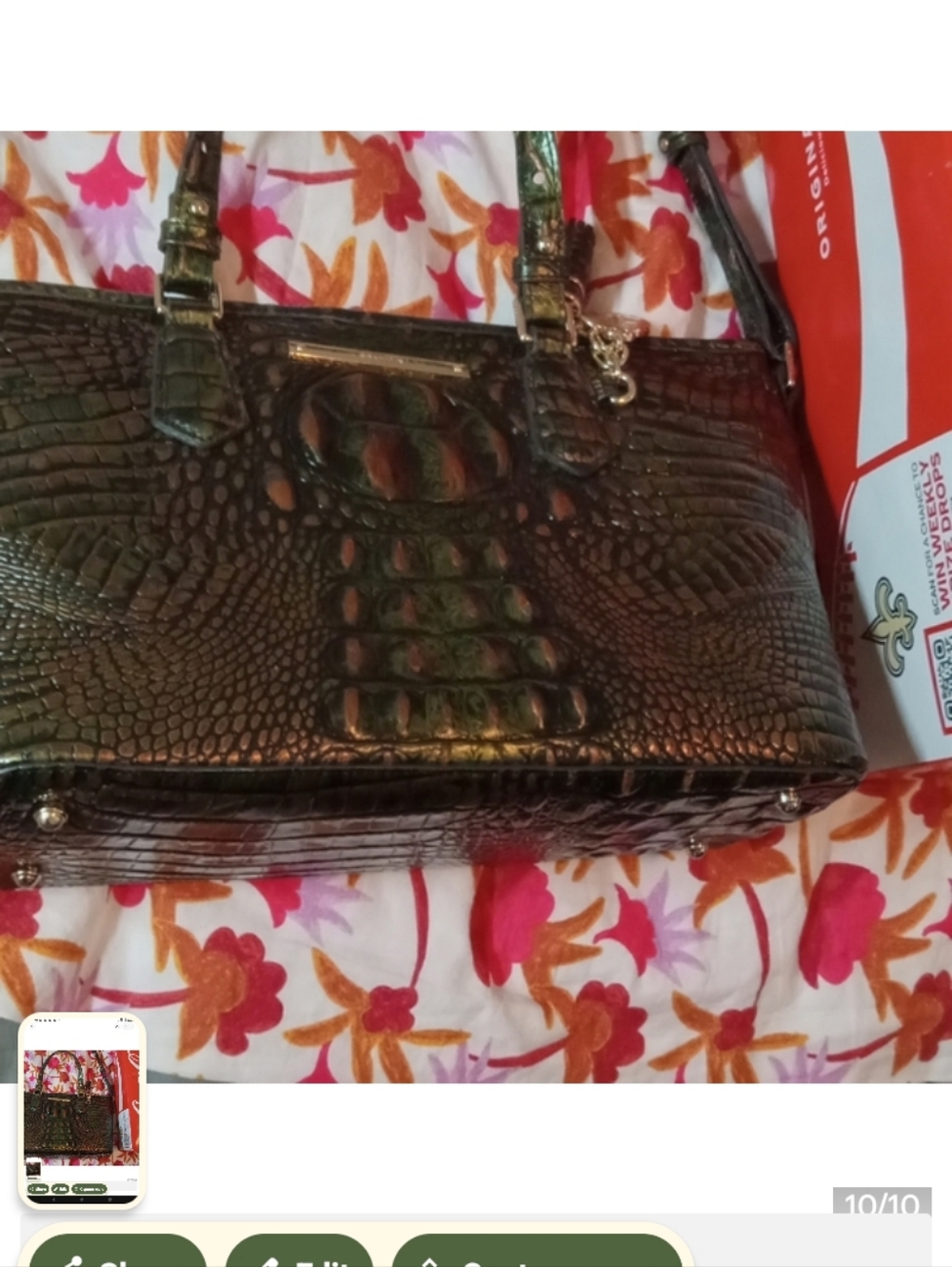 Women's Iridescent Olive Croc-Embossed Tote Bag